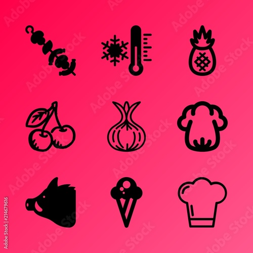 Vector icon set about food with 9 icons related to vegetable  vitamin  frosty  ice-cream  harvest  season  livestock  wafer  sour and hot
