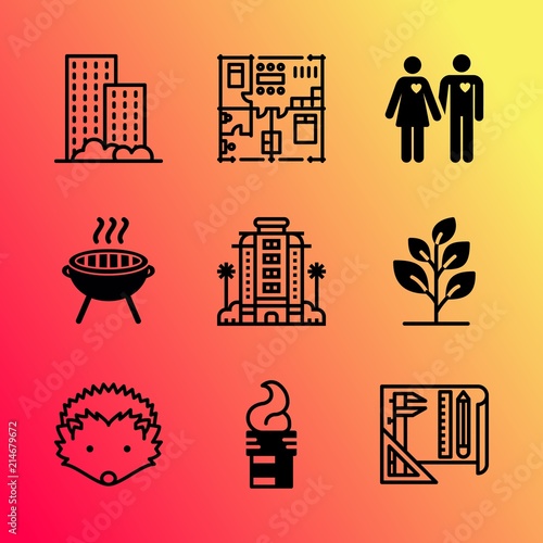 Vector icon set about home with 9 icons related to cook, tree, playful, meadow, line, summer, sausage, decorative, bedroom and growth