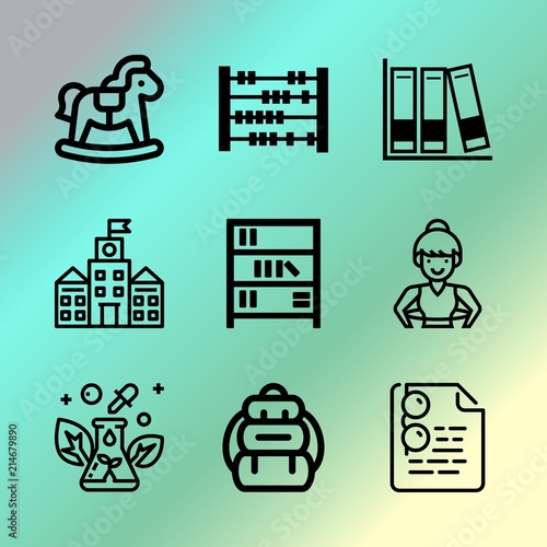 Vector icon set about education with 9 icons related to summer, blur, women, time, spine, tourism, teddy, hobby, project and subtraction