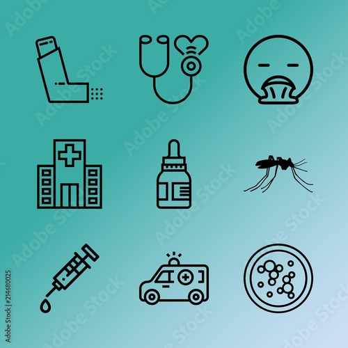 Vector icon set about medicine with 9 icons related to cholesterol, month, virus, bite, sofa, surgeon, data, indoors, heartbeat and unhygienic