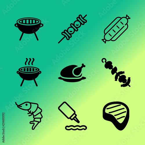 Vector icon set about barbecue with 9 icons related to unhealthy, french, coals, backyard, yellow, meadow, lime, juicy, people and relish