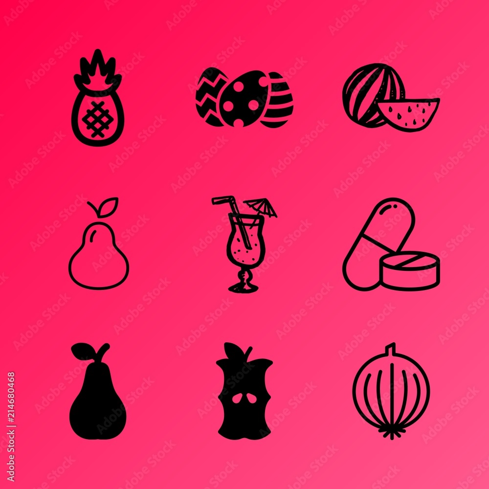 Vector icon set about food with 9 icons related to nutritious, natural, top view, garnish, papaya, path, kitchen, turquoise, ingredient and cocktail