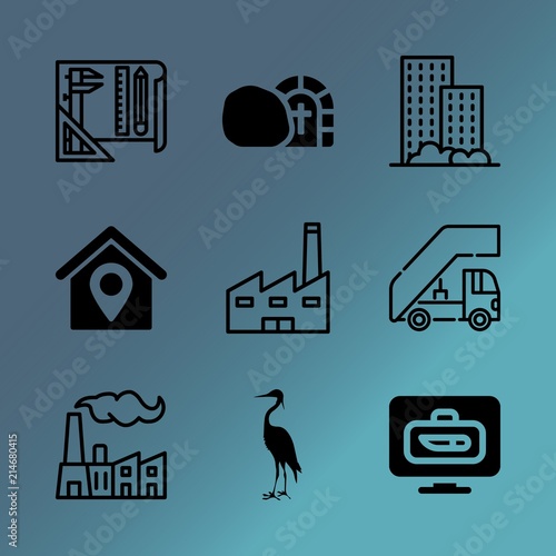 Vector icon set about building with 9 icons related to map, graphic, block, sepulcher, terminal, work, idea, tomb, production and transportation