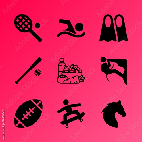 Vector icon set about fitness and sport with 9 icons related to culture  leisure  fresh  skateboard  element  table  sphere  dive  swimmer and sea