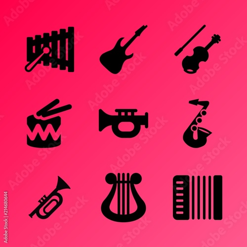 Vector icon set about music instruments with 9 icons related to drawing, orchestra, fiddle bow, wooden, play, colorful, bow, tune, sheet and saxophone