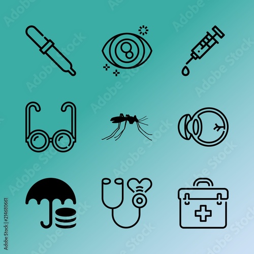 Vector icon set about medicine with 9 icons related to bandage, car, device, optometric, diagnosis, resolution, vaccination, optic, space and analysis