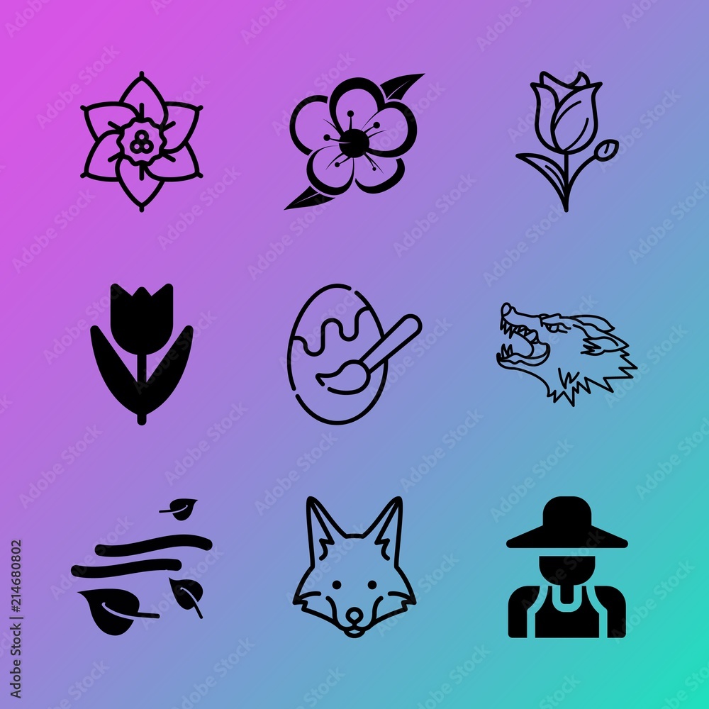 Fototapeta premium Vector icon set about flowers with 9 icons related to sunlight, gardening, jonquils, group, tradition, garden, happy, motion, vibrant and beautiful