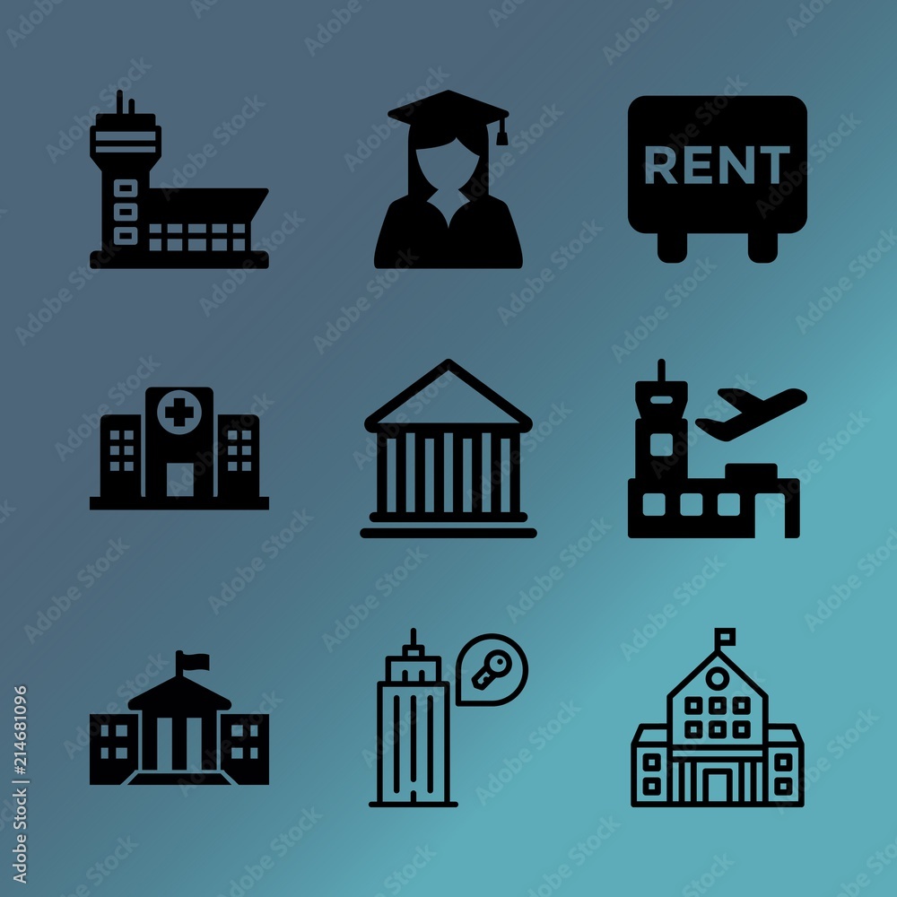 Vector icon set about building with 9 icons related to banking, surgery, banner, holiday, uniform, research, estate, waiting, blur and room