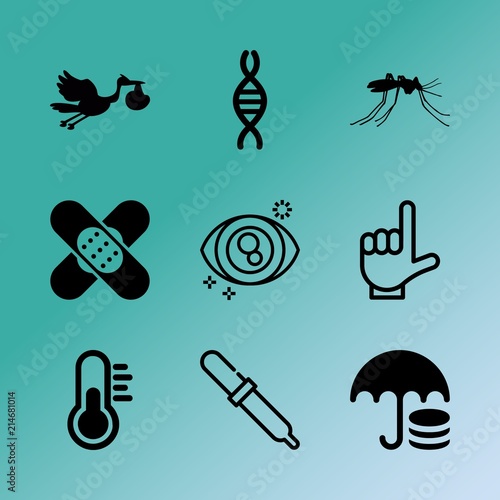 Vector icon set about medicine with 9 icons related to temperature, genome, sickness, real, illness, fahrenheit, childbirth, ophthalmology, hurt and fever