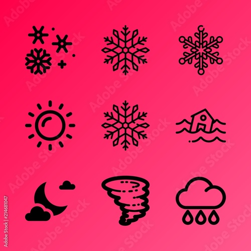 Vector icon set about weather with 9 icons related to funnel, astronomy, pouring, rainy, magic, winter, clouds, orbit, catastrophic and texture