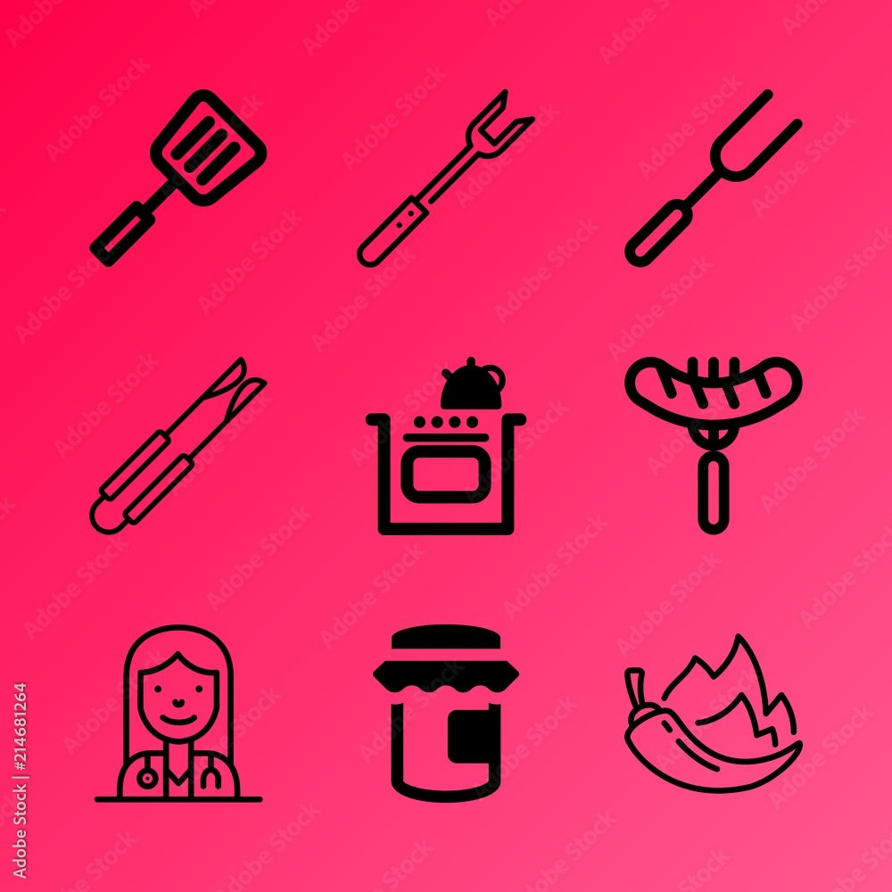Vector icon set about kitchen with 9 icons related to barbecue, almond, color, mixing, concept, morning, new, spatula, cereal and silver Vector icon set about kitchen with 9 icons related to barbecue, almond, color, mixing, concept, morning, new, spatula, cereal and silver