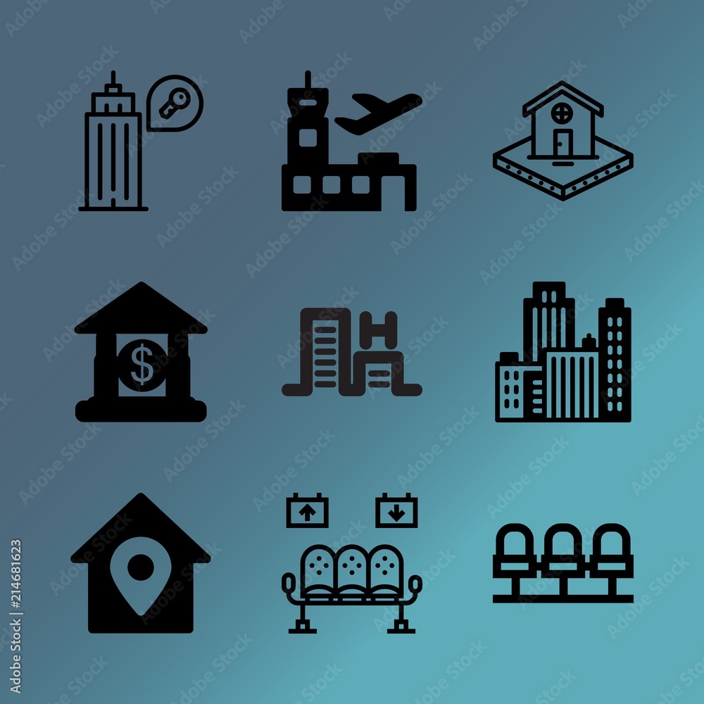 Vector icon set about building with 9 icons related to wealth, waiting, banking, communication, flight, resort, hand, tree, corporate and finance