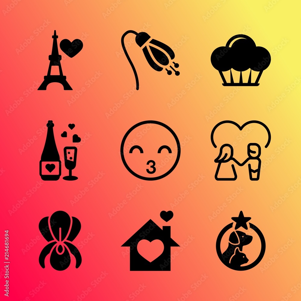 Vector icon set about love with 9 icons related to bride, space, harebell, pattern, bake, style, gift, champagne, beverage and care