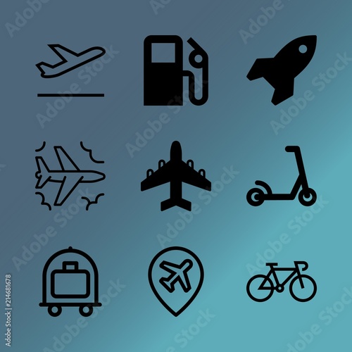Vector icon set about transport with 9 icons related to luggage, energy, sunset, preschooler, benzine, aeroplane, octane, car, refuel and learn