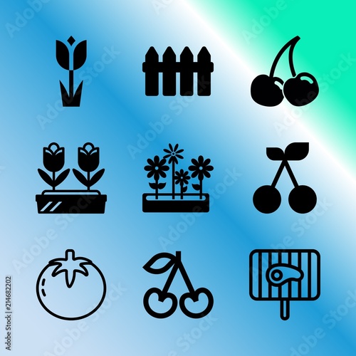 Vector icon set about gardening with 9 icons related to friends, barbecue, set, back, flame, boundary, outdoor, botanical, tree and elegant