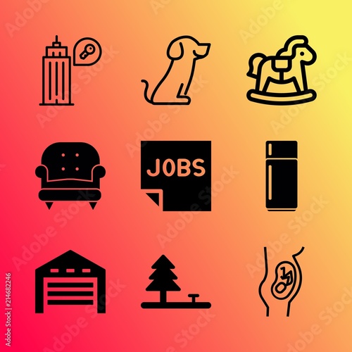 Vector icon set about home with 9 icons related to abdomen, plastic, path, antique, robot, childhood, sign, trimester, symbol and computer