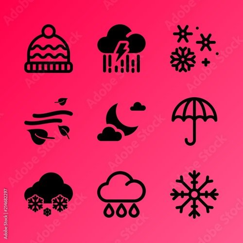 Vector icon set about weather with 9 icons related to meadow, snow, window, motion, thunderbolt, background, knit, speed, icy and environment © Ольга Гетманова