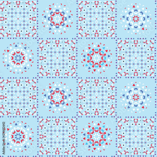 Retro Kitchen Quilt Patchwork Tile Pattern, Seamless Vector Hand Drawn Blue Red Flower Illustration for Trendy Fashion Prints, Wallpaper, Stationery, Vintage Home Decor, Gift Wrap & Pretty Backgrounds