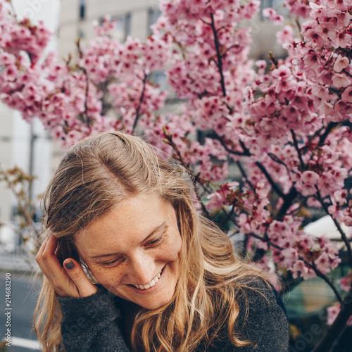 Photography Woman Smiling with Cherry Blossom Tree