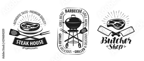 Barbecue, grill, butcher shop logo or label. Food concept vector