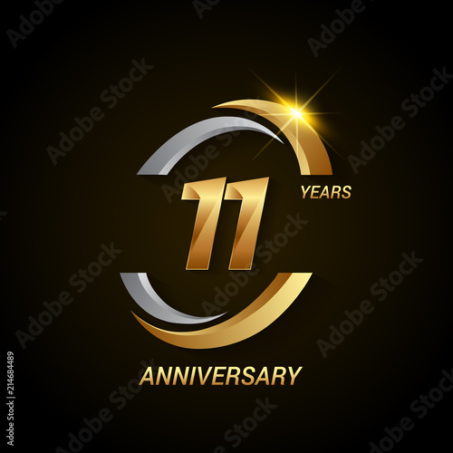 11 Years Anniversary Celebration Logotype. Golden Elegant Vector Illustration with Swoosh, Isolated on Black Background can be use for Celebration, Invitation, and Greeting card