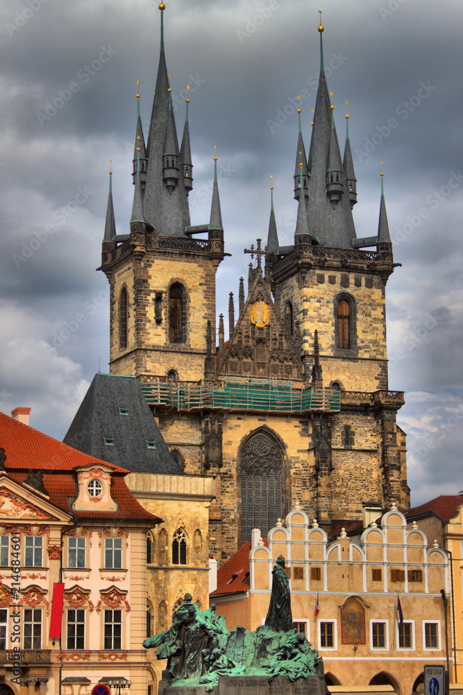 Church of Our Lady in front of Tyn and Jan Hus Statue in Prague, Czech Republic