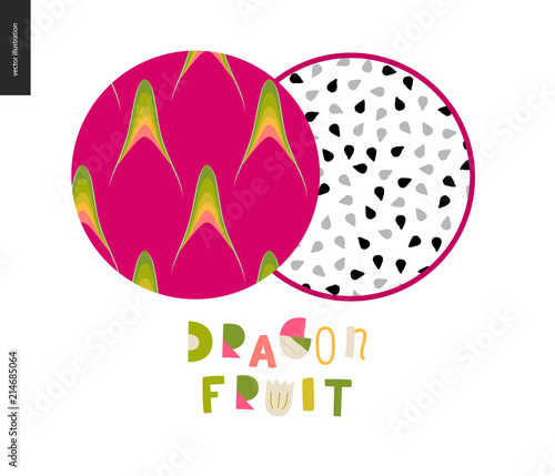 Food patterns, summer - fruit, flat vector illustration, dragonfruit texture - two seamless patterns of purple pitahaya dragonfruit rind with little green yellow horns and white sweet pulp, black seed