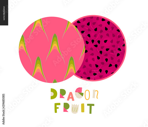 Food patterns, summer - fruit, flat vector illustration, dragonfruit texture - two seamless patterns of pink pitahaya dragonfruit rind with little green yellow horns and purple sweet pulp, black seed