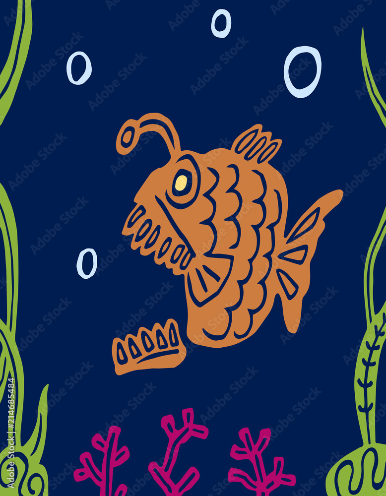 Fototapeta premium Cartoon carnivorous predatory fat fish. Vector graphics.