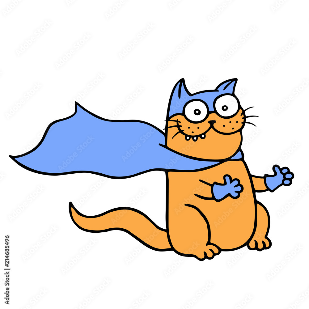 Obraz premium Cartoon orange super cat with two paws approves and shows thumbs-up. Isolated vector illustration.