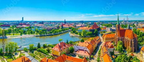 Aerial view of Wroclaw with church of our lady of the sand and church of the Holy Cross and St Bartholomew, Poland
