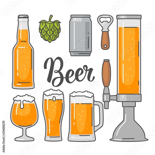 Beer vector flat icons set bottle, glass, barrel, pint