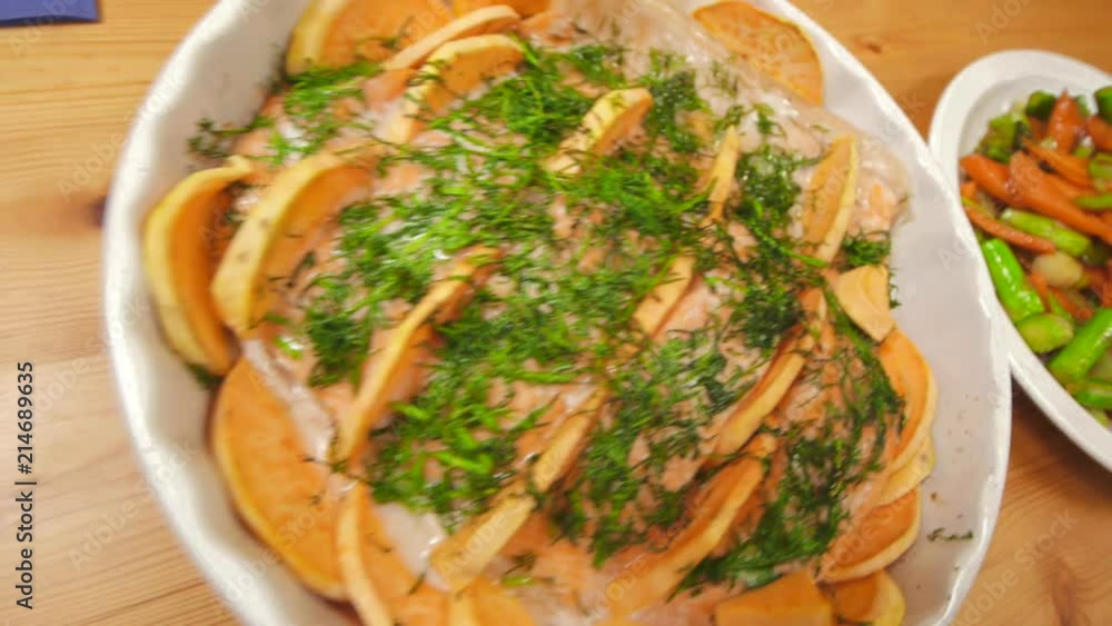 Pink Apron Collection. Cooking Up Delicious Salmon Lined With Sweet Potato. Learn Asian Cuisine. Pink Apron Collection. Cooking Up Delicious Salmon Lined With Sweet Potato. Learn Asian Cuisine.