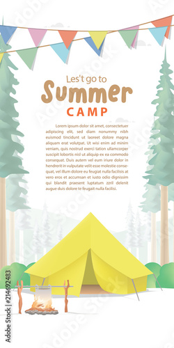 Summer Camp Poster or banner that the yellow camp is middle in the forest background and flag illustration vector. Camping concept.