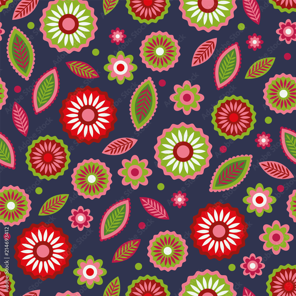 Colorful contrasty floral summer and fall pattern. Seamless repeat. 