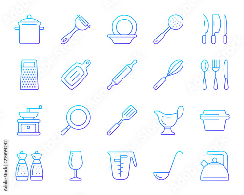 Kitchenware simple color line icons vector set