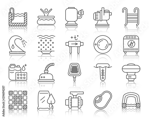 Pool Equipment simple black line icons vector set