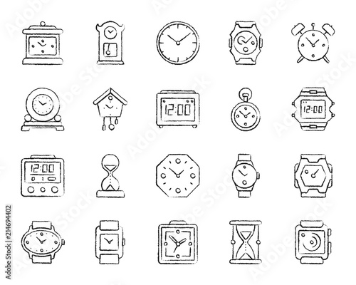 Watch charcoal draw line icons vector set