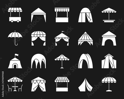 Tent white silhouette icons vector set
