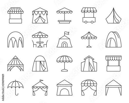 Tent simple black line icons vector set