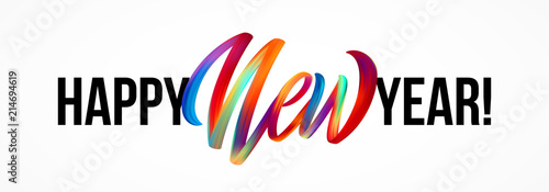 Happy New Year lettering on the background with a colorful brushstroke oil or acrylic paint design element. Vector illustration