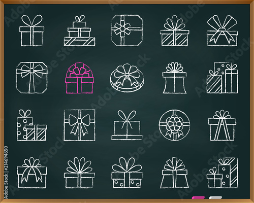 Gift chalk draw line icons vector set