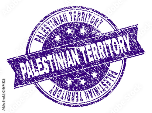 PALESTINIAN TERRITORY stamp seal imprint with distress texture. Designed with ribbon and circles. Violet vector rubber print of PALESTINIAN TERRITORY text with grunge texture.