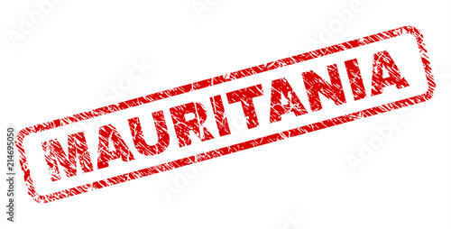 MAURITANIA stamp seal print with distress style. Red vector rubber print of MAURITANIA caption with unclean texture. Text caption is placed inside rounded rectangle frame.