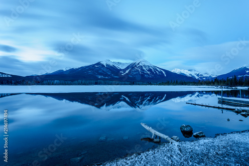 Sunrise at Vermilion lake, Banff National Park, Alberta, Canada. This photo was taken during the transition between winter and snow season.