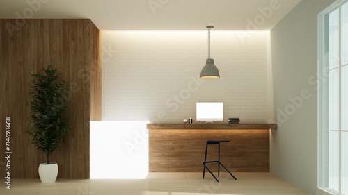 Reception counter interior 3D rendering in hotel - minimal style