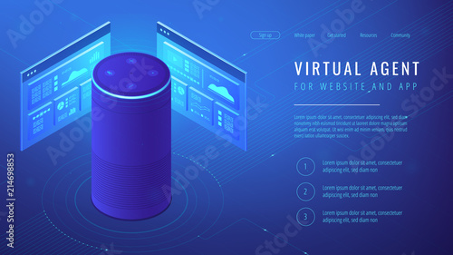 Isometric smart speaker with title virtual agent landing page. Voice activated digital assistants for websites and mobile applications concept. Blue violet background. Vector 3d illustration