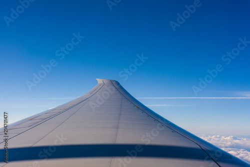 Wing of an airplane above the clouds