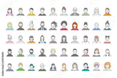 Big set of people avatars for social media, website. Line art portraits fashionable girls and guys.