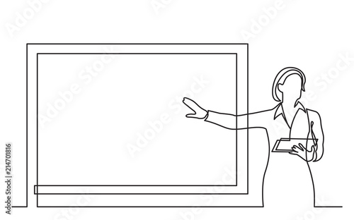 continuous line drawing of business presentation - business woman trainer pointing at screen